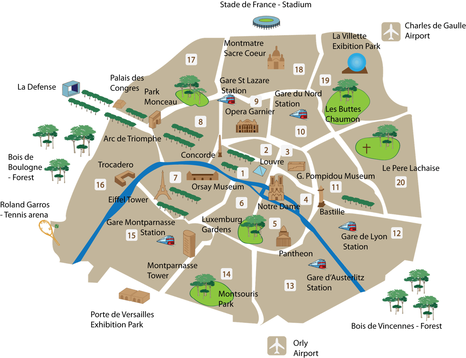Carte des 20 arrondissements de Paris - zone d'intervention Revinet nettoyage après décès