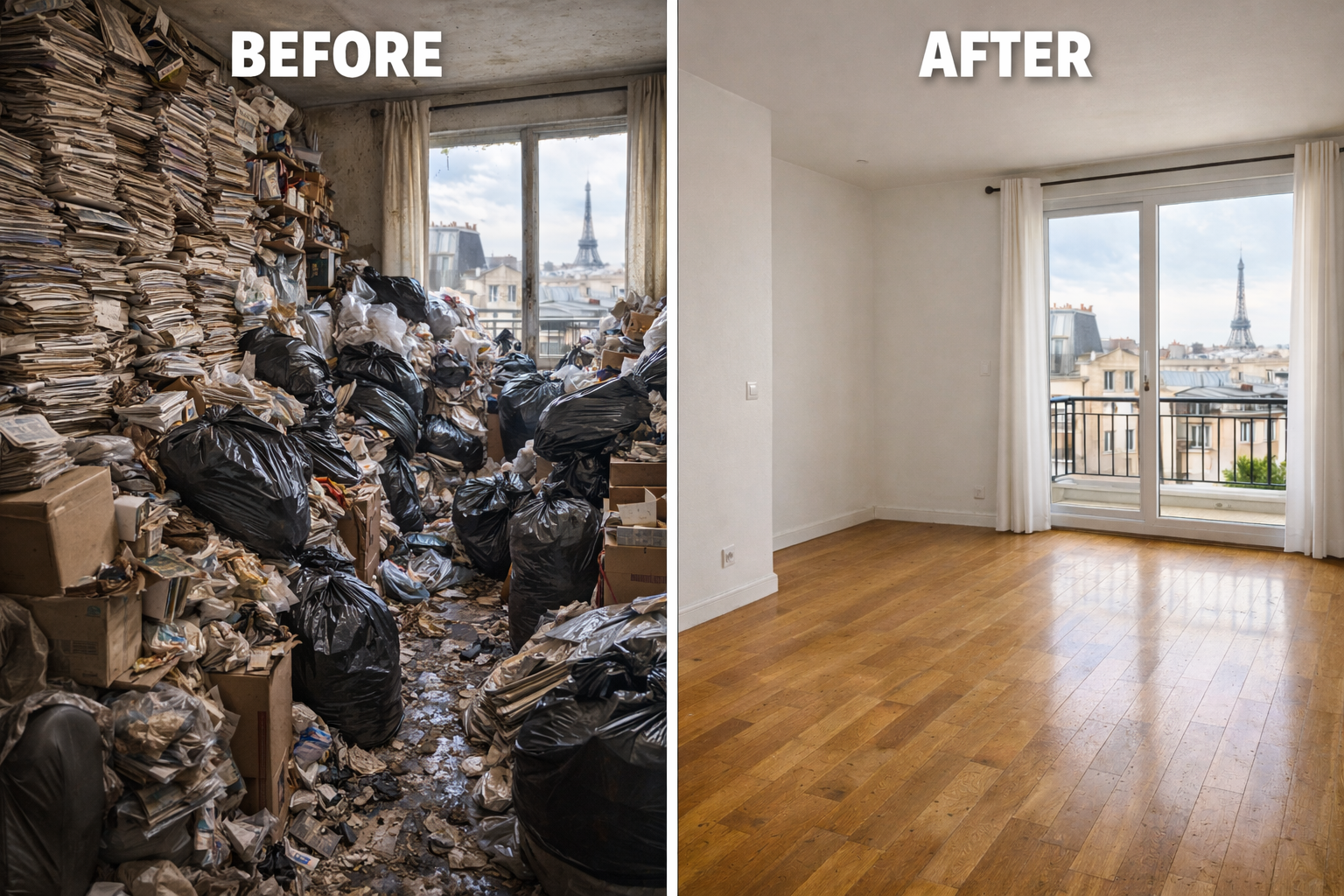 Résultat spectaculaire du nettoyage professionnel Revinet sur un cas de syndrome de Diogène Transformation d'un appartement touché par le syndrome de Diogène à Paris - Avant/Après nettoyage