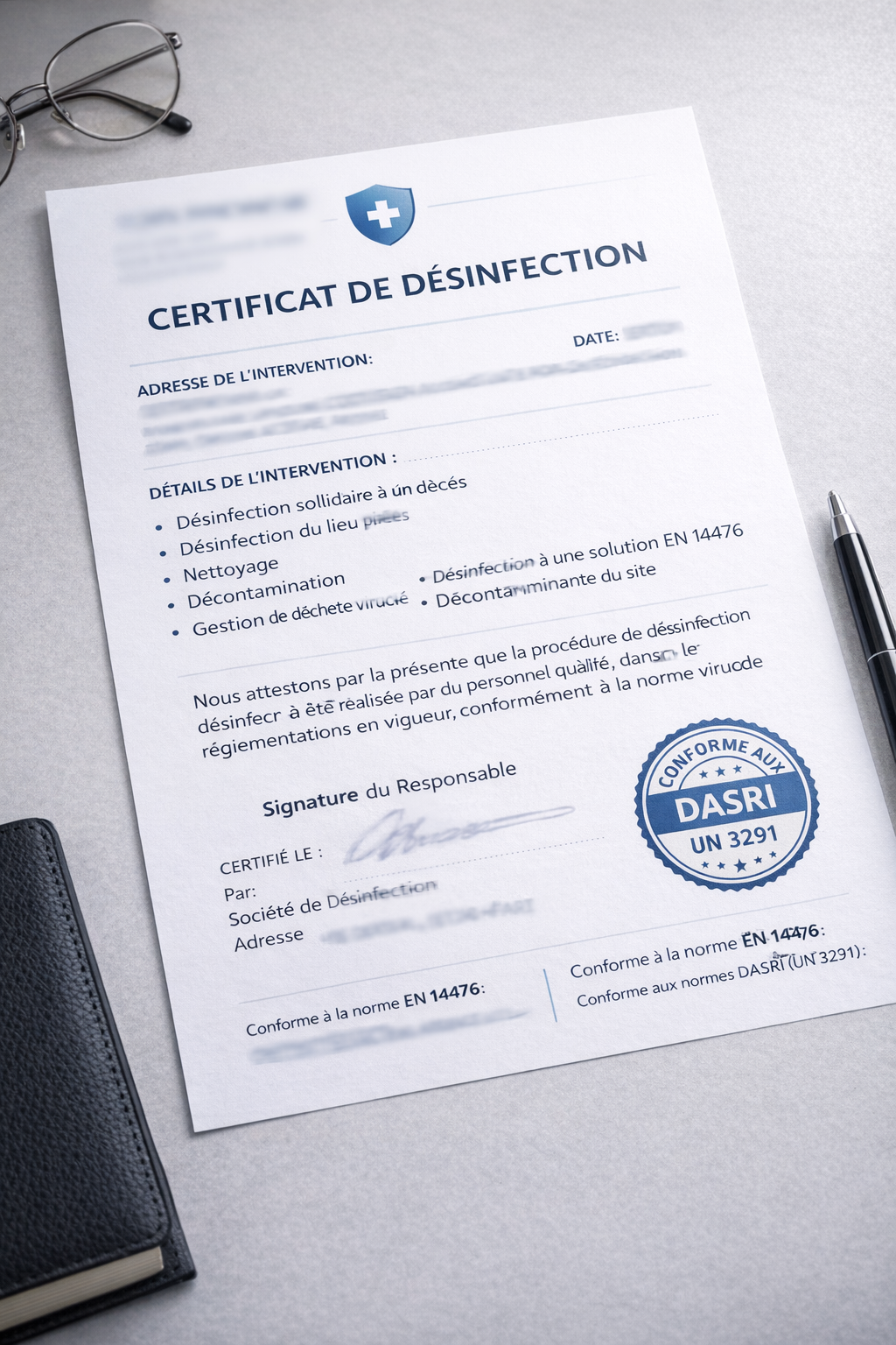 Exemple de certificat de désinfection conforme après décès - document officiel remis avec bordereau DASRI
