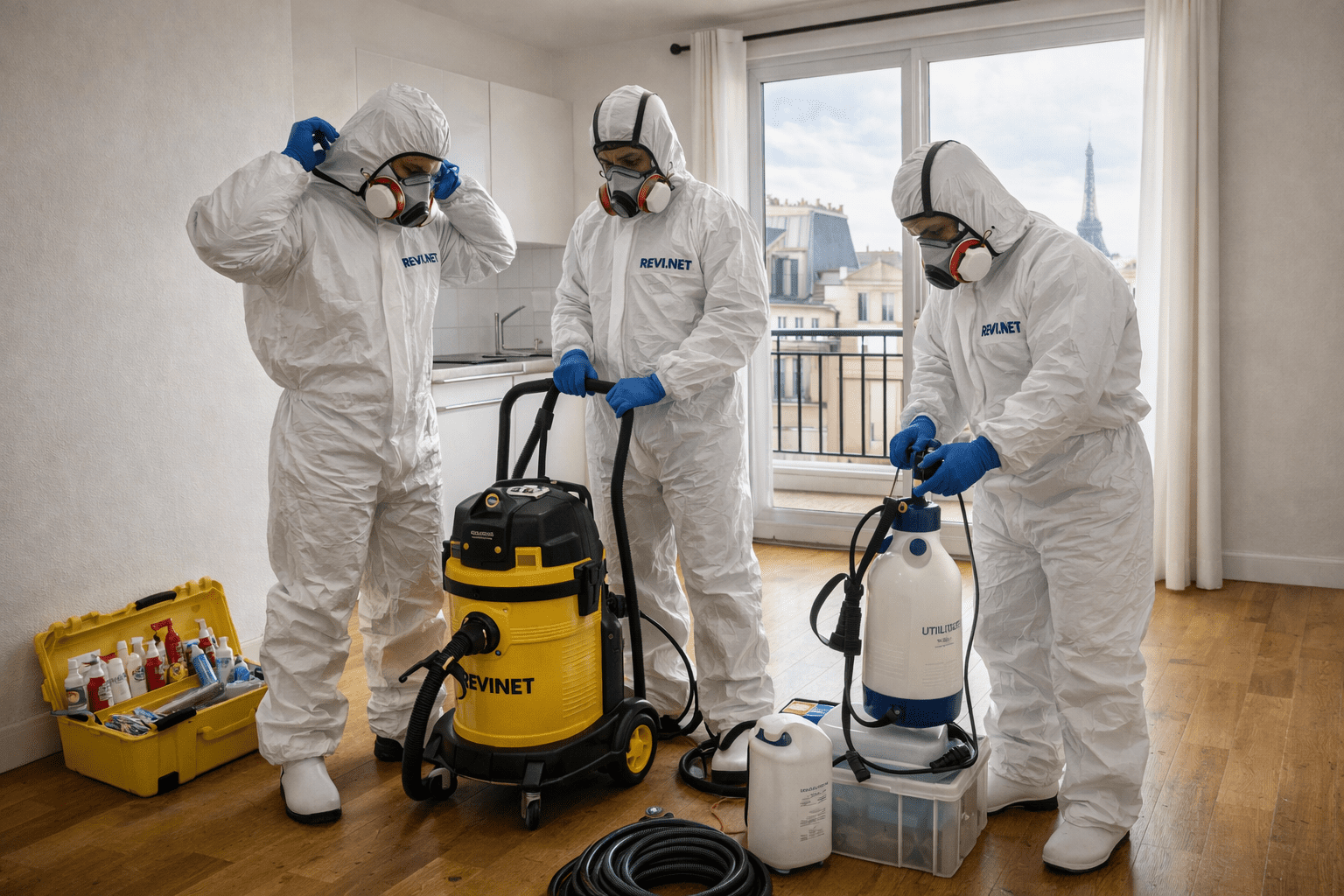 Techniciens Revinet équipés pour intervention en logement insalubre Équipe Revinet en équipement de protection pour nettoyage insalubre Paris