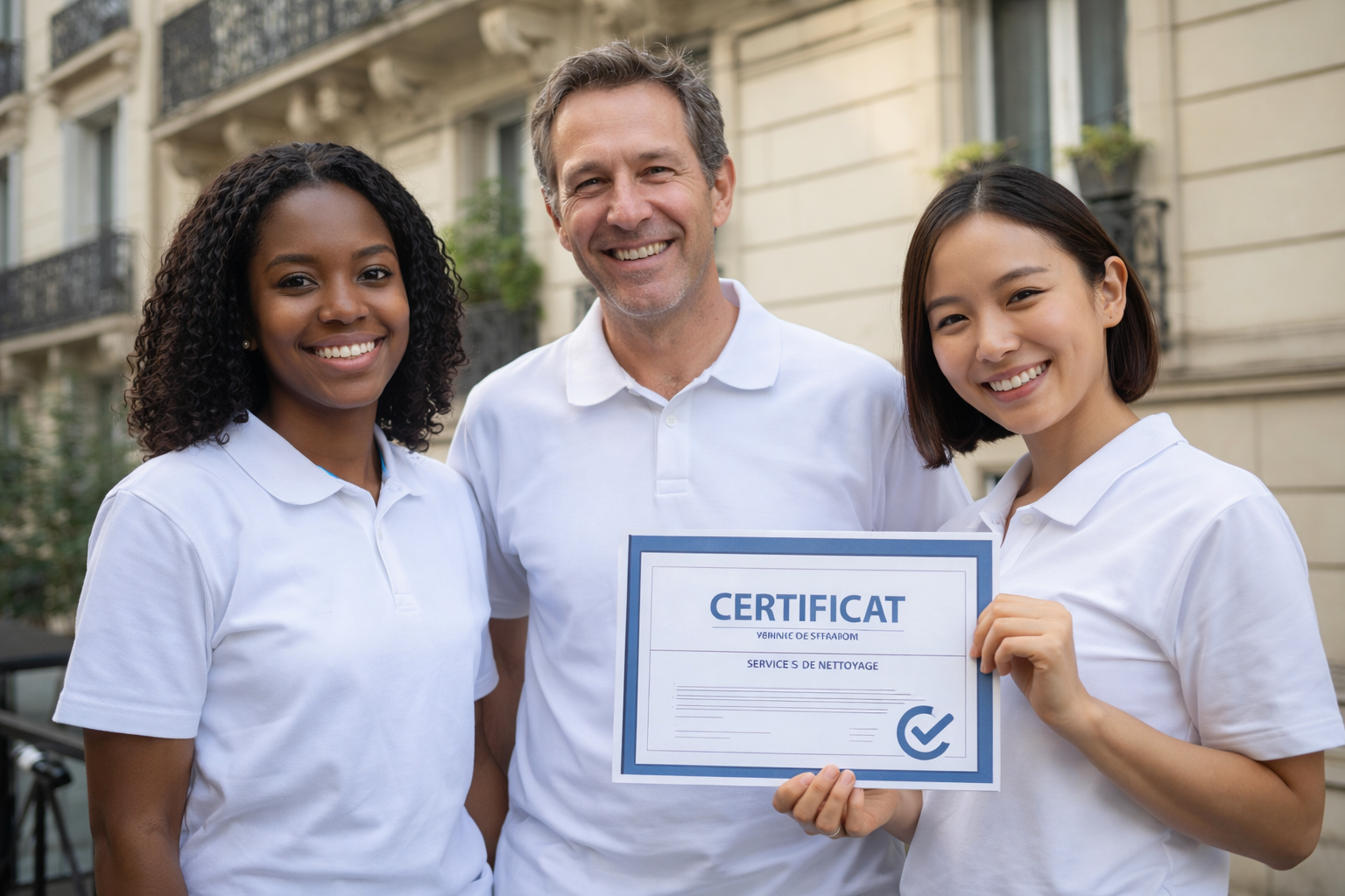 Professionnels Revinet avec certifications Certibiocide et agrément SAP Équipe Revinet certifiée Certibiocide agrément service personne nettoyage Diogène Paris