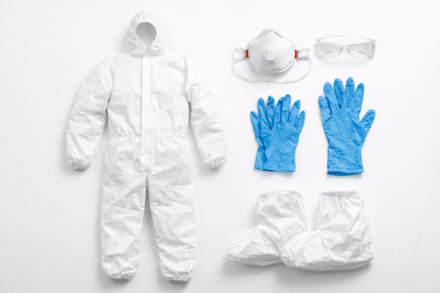 Équipements de protection individuelle (EPI) professionnels pour nettoyage après décès - masque FFP3, combinaison type 4, gants nitrile