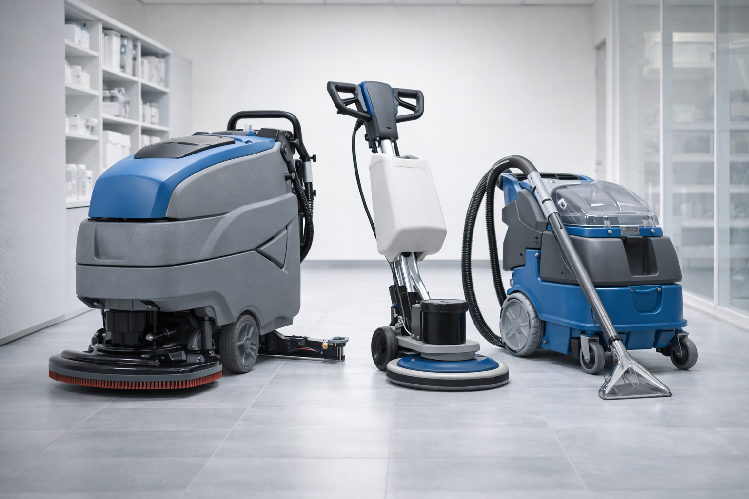 Matériel professionnel pour nettoyage après décès - autolaveuse industrielle, monobrosse haute performance, injecteur-extracteur