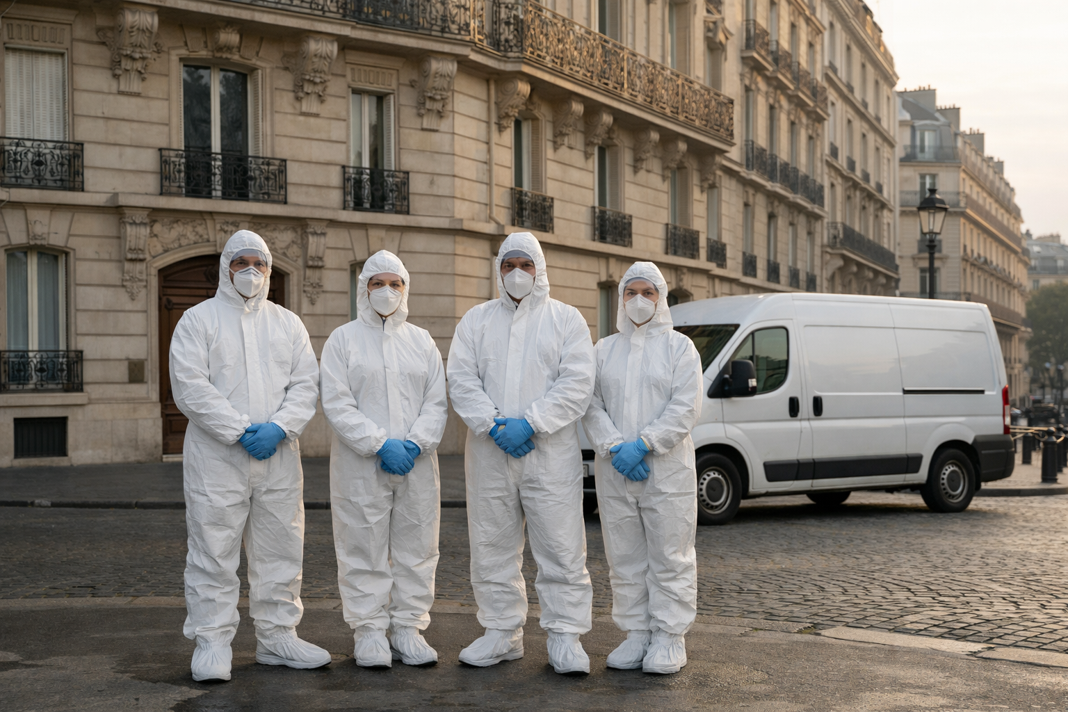 Équipe professionnelle de nettoyage après décès Paris devant immeuble Haussmannien - Revinet