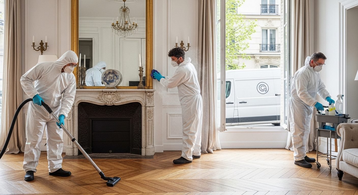 Intervention nettoyage Diogène - Équipe certifiée Revinet Paris Nettoyage professionnel syndrome Diogène Paris - Équipe Revinet avec équipement protection