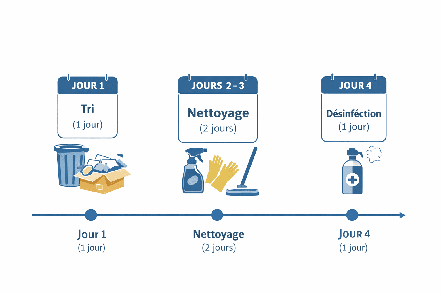 Timeline : Processus nettoyage Diogène jour 1 à jour 4 à Paris Processus nettoyage syndrome Diogène Paris - étapes jour par jour sur 4 jours