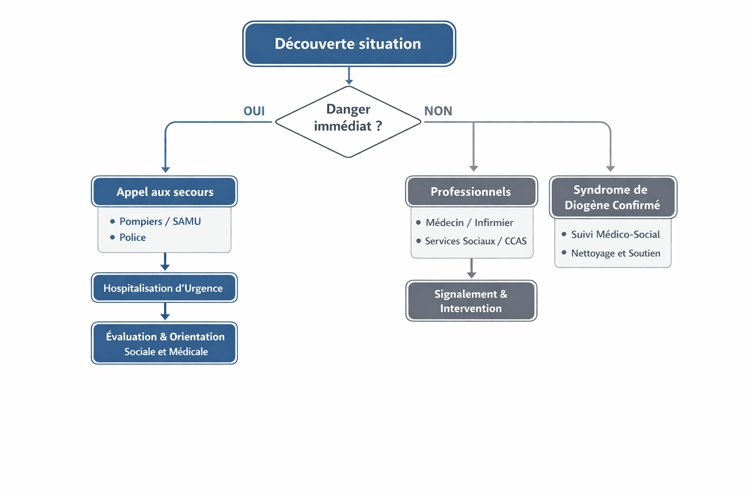 Flowchart : Premières étapes après découverte syndrome Diogène Que faire après découverte syndrome Diogène - guide premiers actions familles voisins