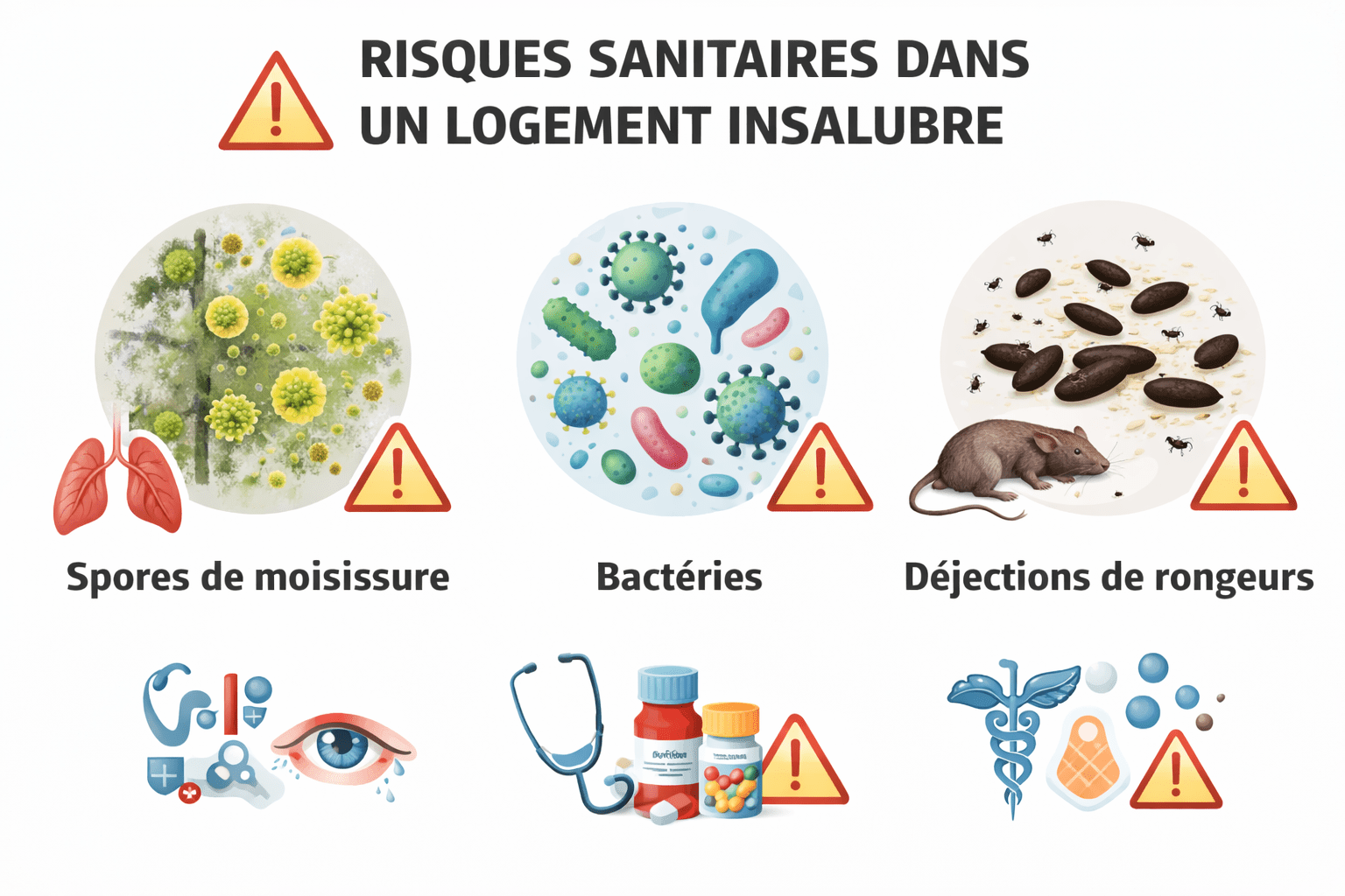Dangers sanitaires d'un logement insalubre : moisissures, rongeurs, bactéries Infographie des risques sanitaires logement insalubre Paris : moisissures Aspergillus, déjections rongeurs, pathogènes bactériens