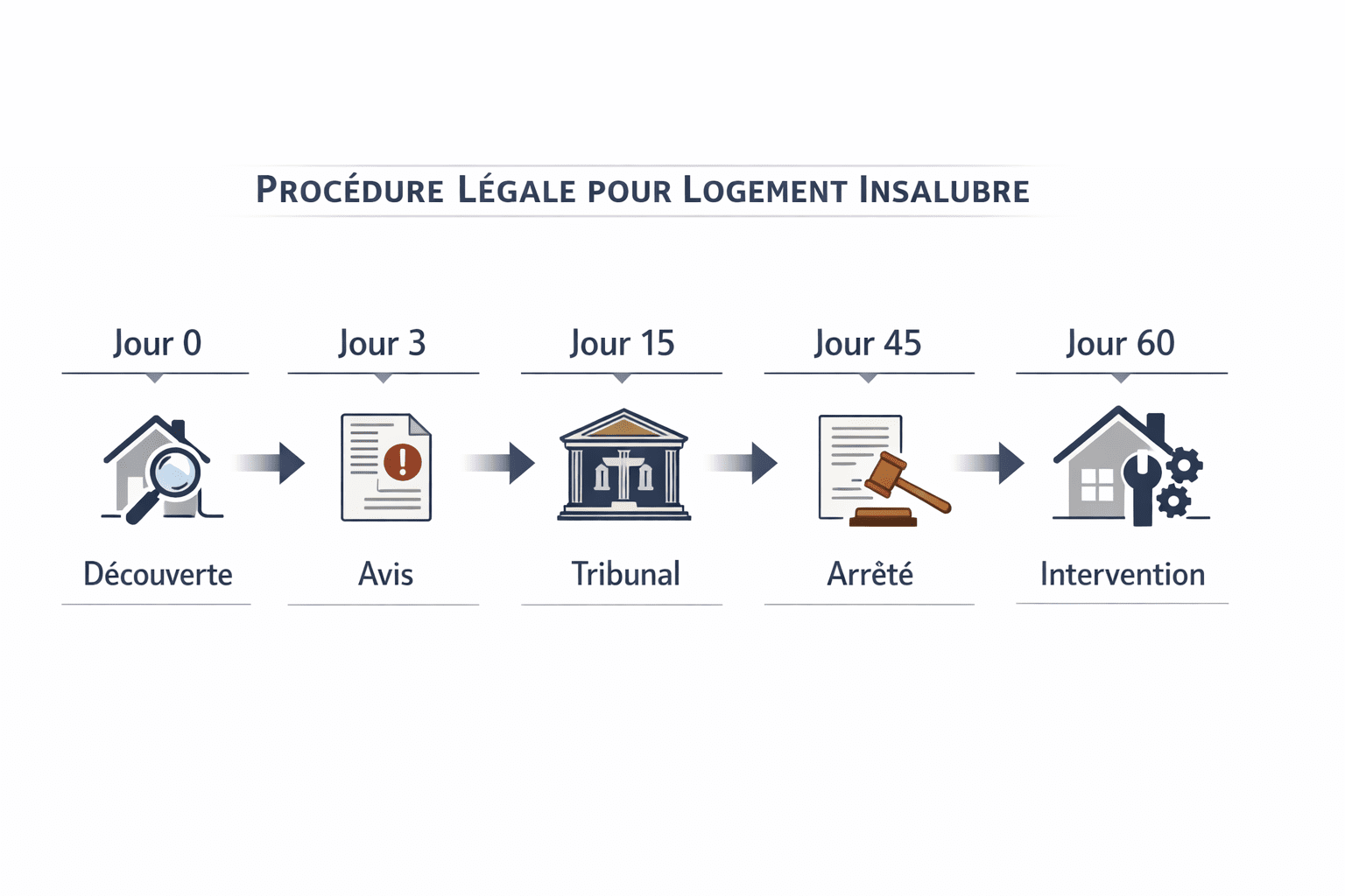 Chronologie juridique du traitement d'un logement insalubre par le propriétaire Timeline de la procédure légale face à un logement insalubre à Paris